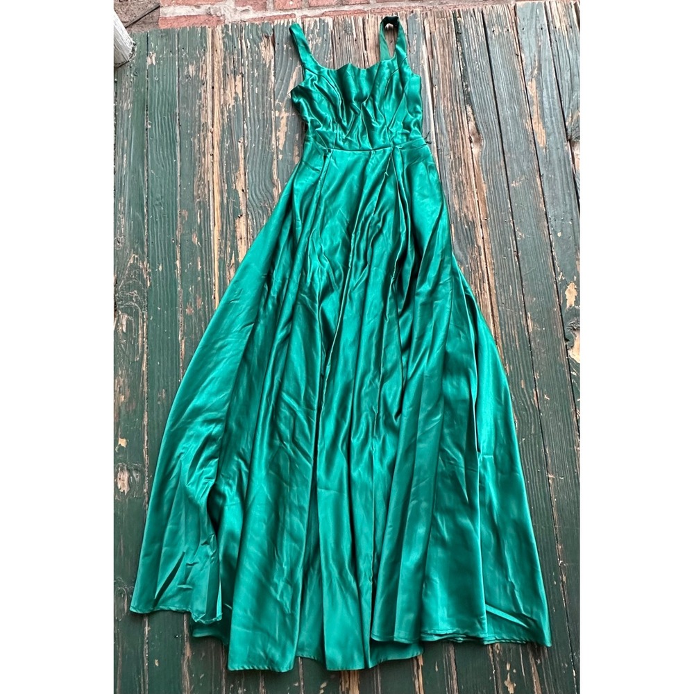 Faeriesty Emerald Green Satin Maxi Dress Square Neck Belted A-Line Formal Size S
